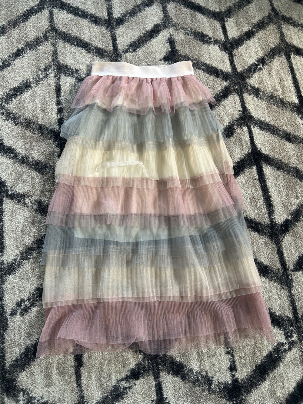 Tiered Tulle Midi Skirt in Pink, Cream & Gray